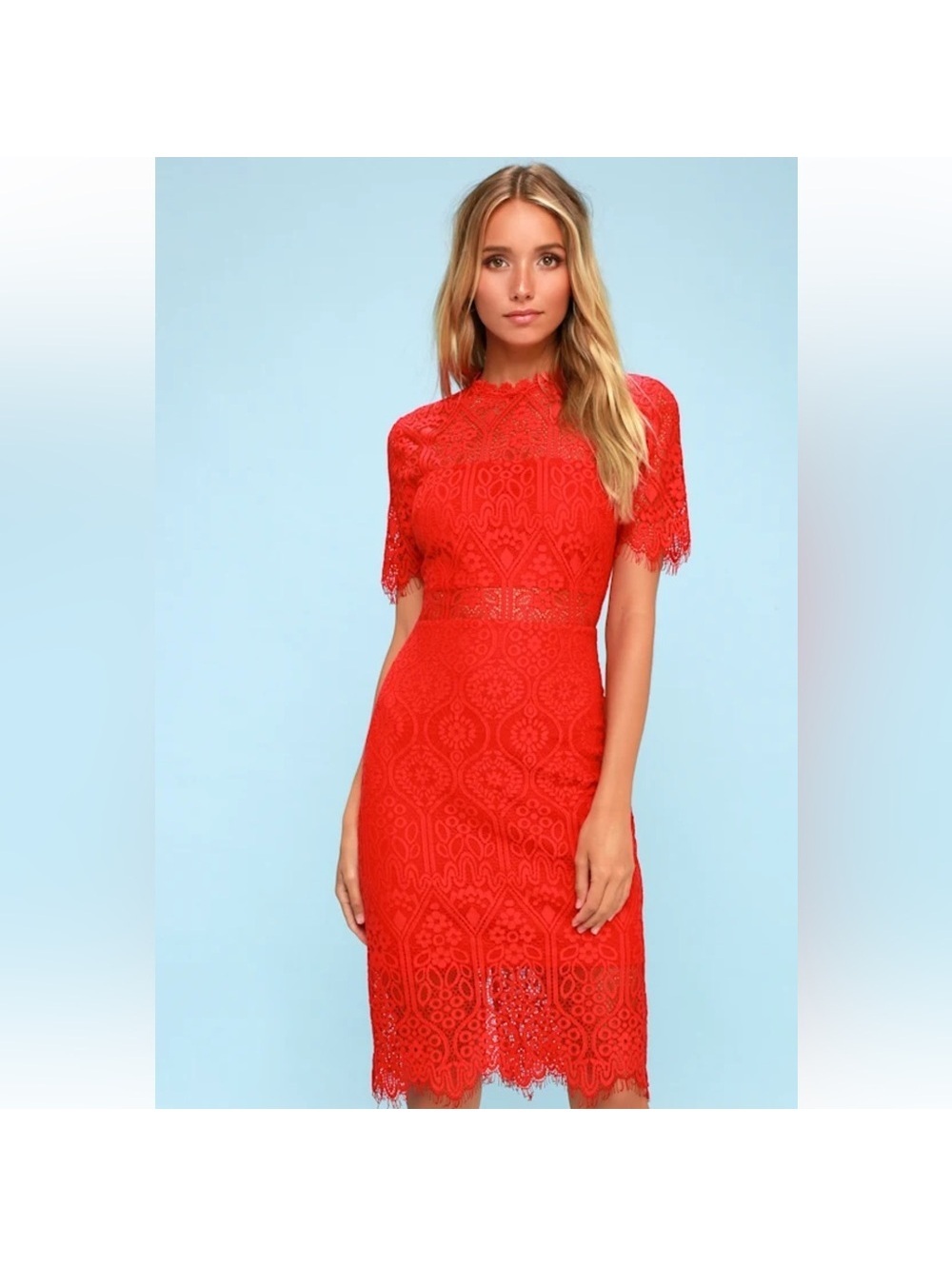 Lulus Remarkable Red Sheer Lace Short Sleeve Midi Dress, Size M